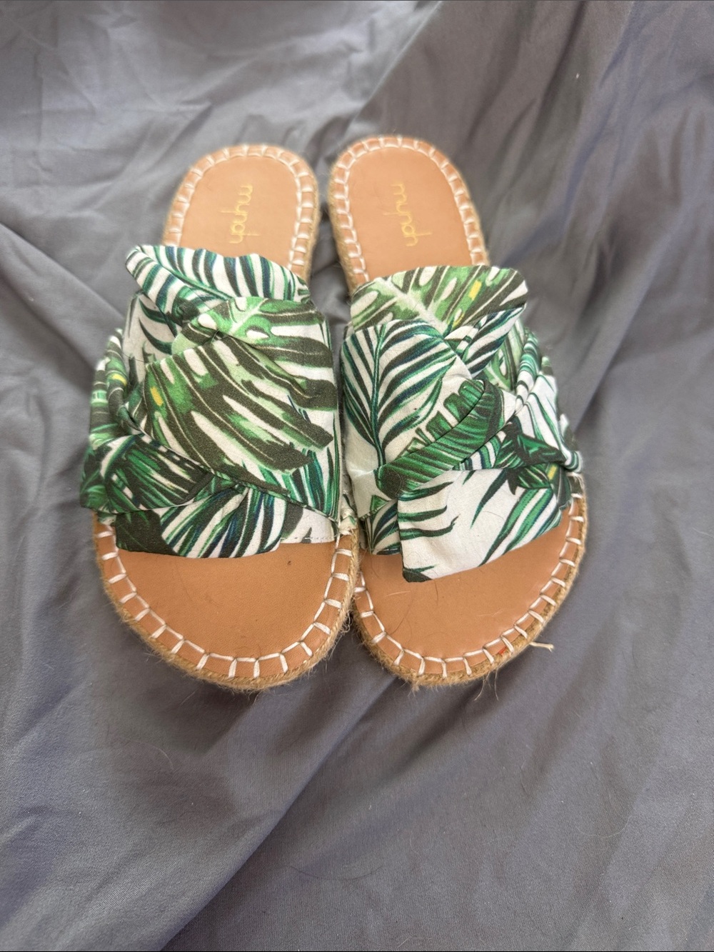 Tropical Leaf Green Knot Slide Sandals